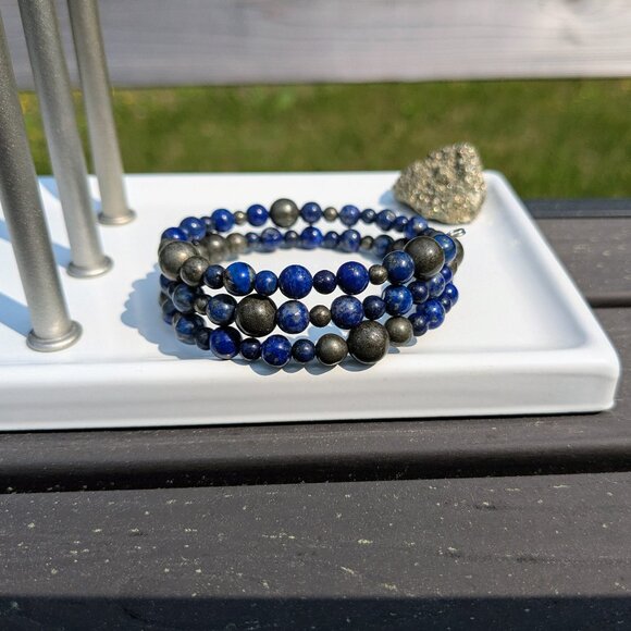 Natural Lapis Lazuli and Pyrite Memory Wire Layer Bracelet - Picture 6 of 14